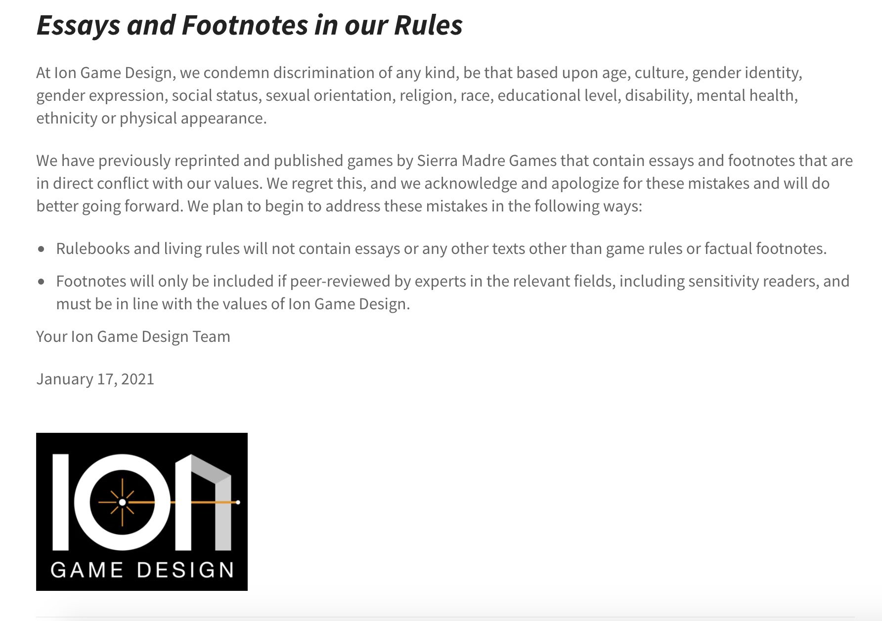 Ion Game Design